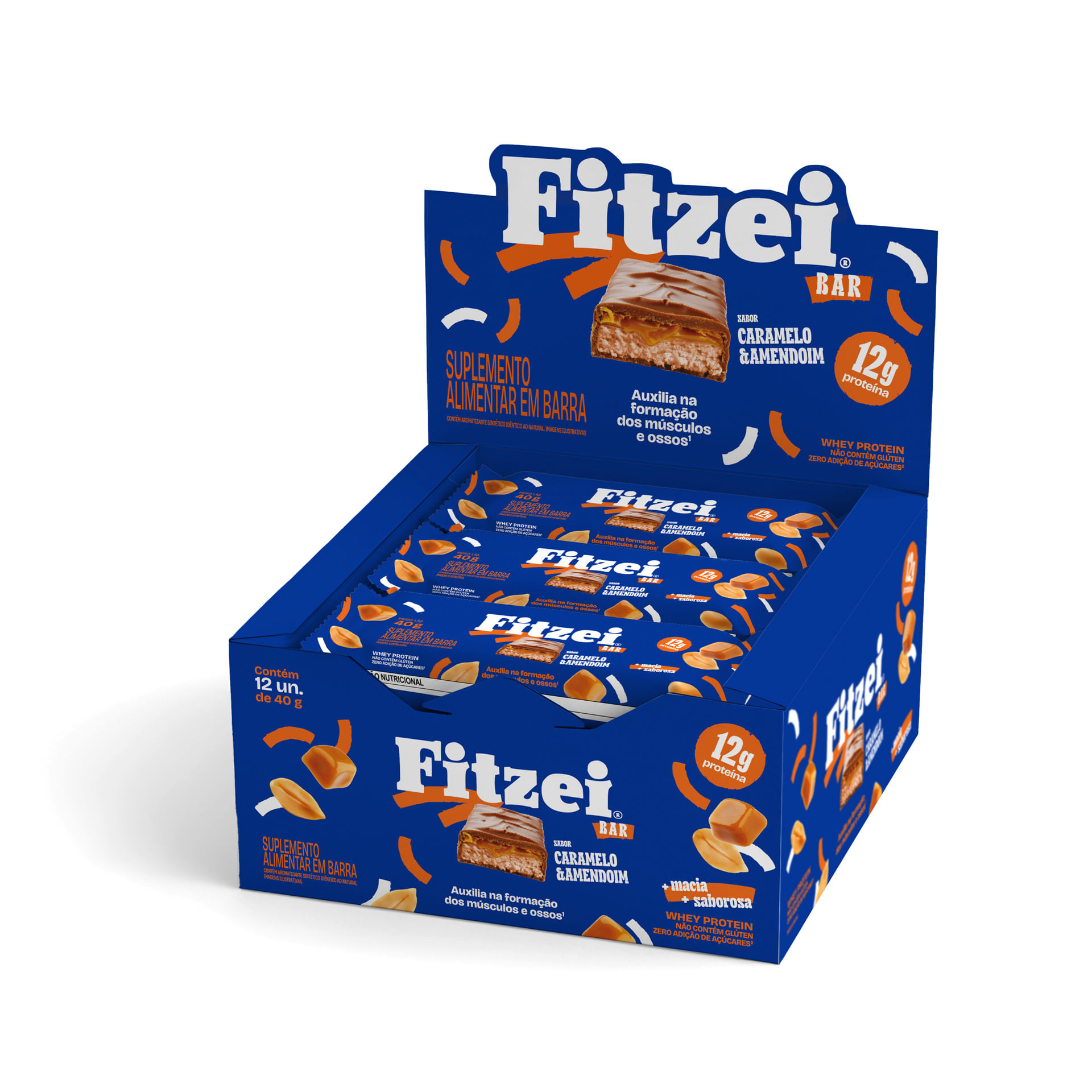 FITZEI® Barras de proteínas: Display c/12 barras 40g - Caramelo e Amendoim — foto do produto em fundo branco