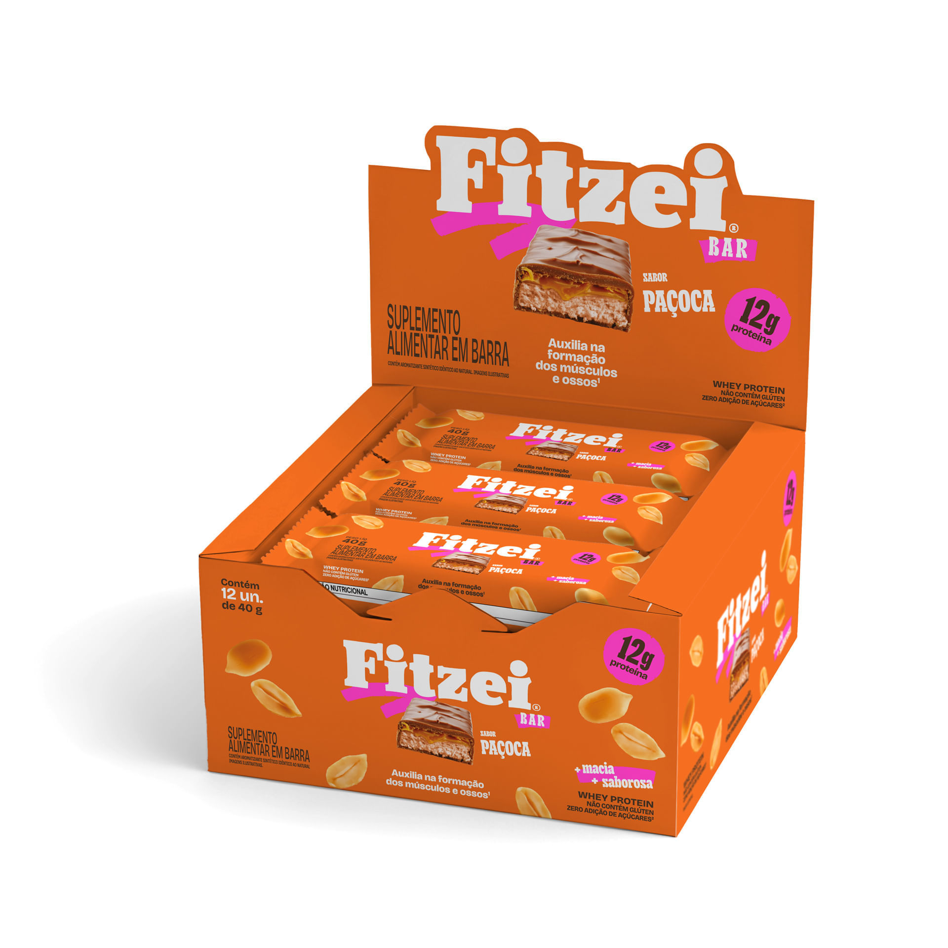 FITZEI® Barras de proteínas: Display c/12 Barras 40g - Paçoca — foto do produto em fundo branco