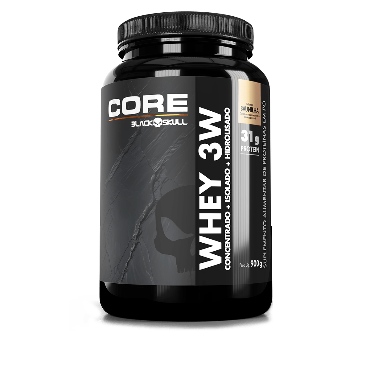 Whey 3W Core (WPC, WPI E WPH) - Pote 900g - Black Skull — foto do produto em fundo branco